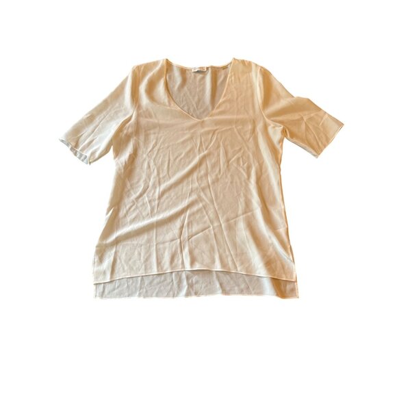 Equipment Femme White Silk V-Neck Blouse L/G Short Sleeve High-Low Hem Womens - Picture 1 of 5